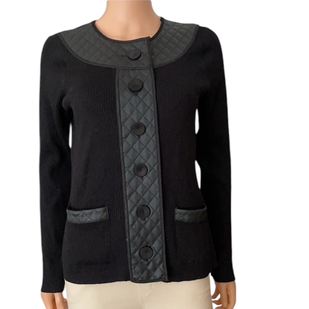 Chico’s Black Sweater Jacket Vegan Leather Quilted Trim